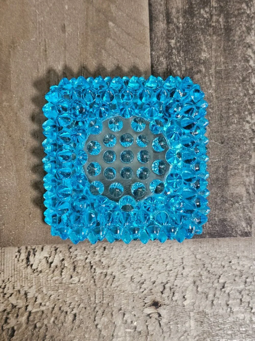 Vintage Fenton Blue Glass Votive Candle Holder Spike Hobnail Square